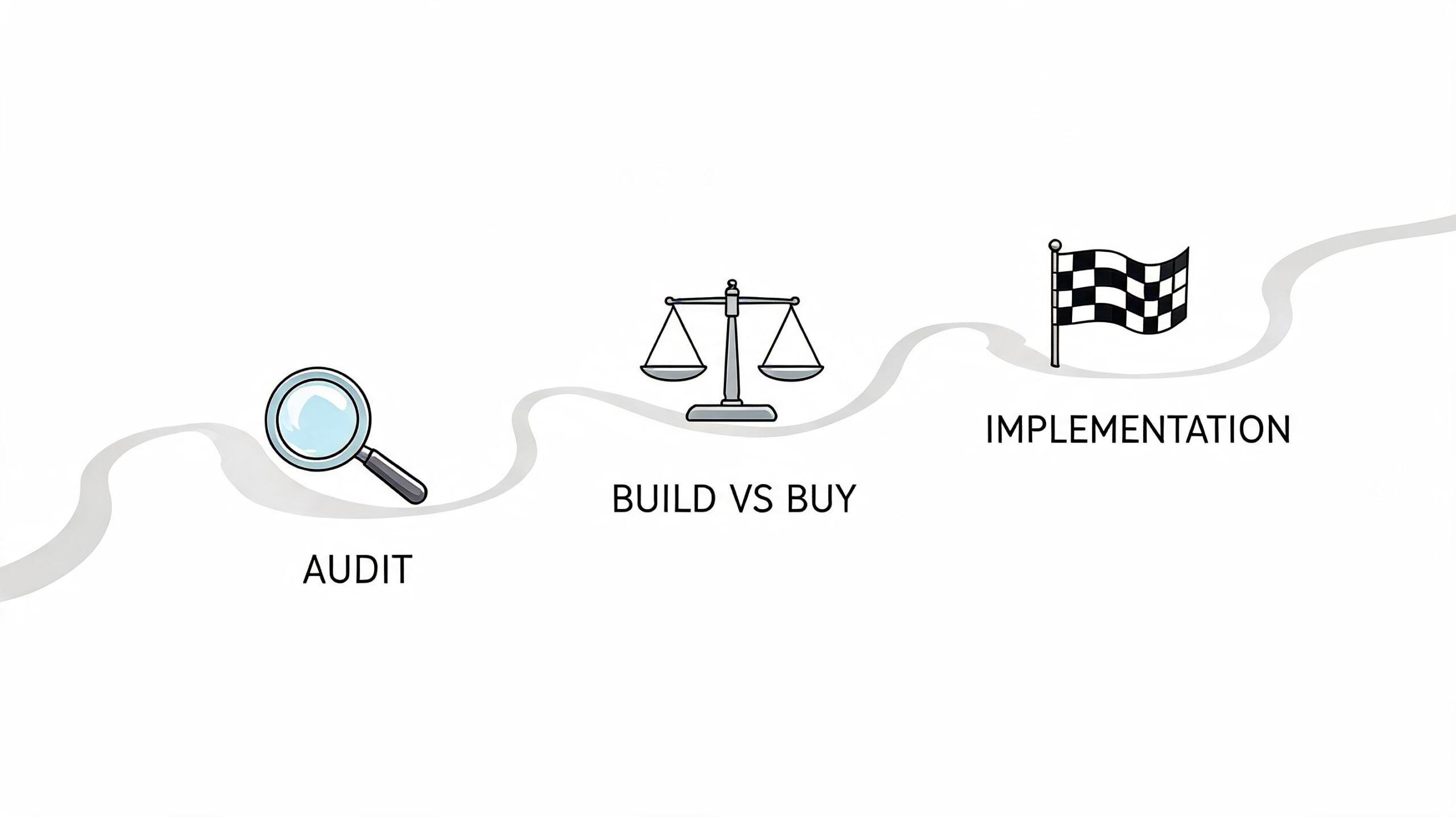 A simple infographic showing a three-step business process consisting of an audit, build vs buy decision, and implementation.