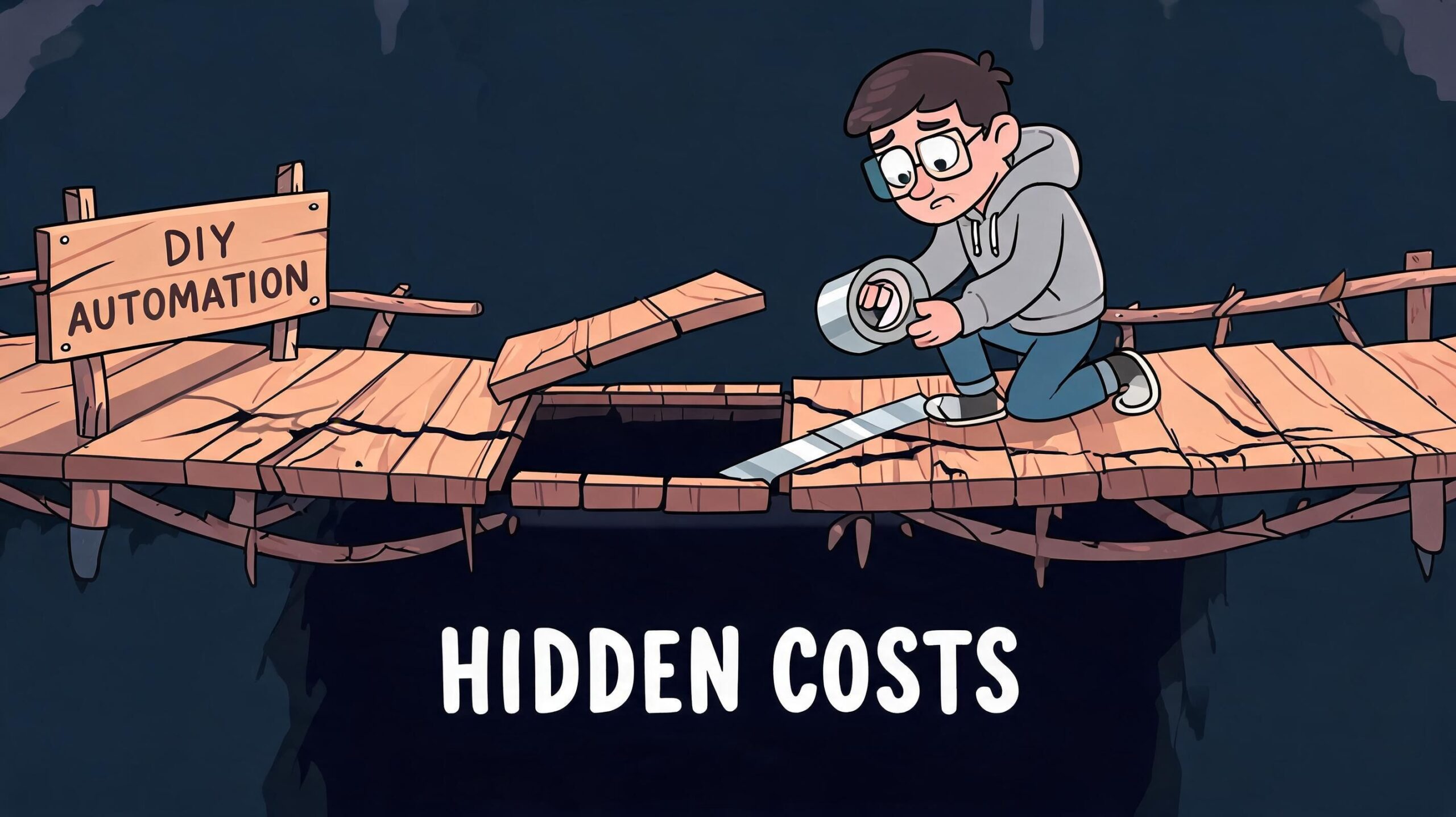 A cartoon man repairing a broken wooden bridge with duct tape to represent DIY automation risks.