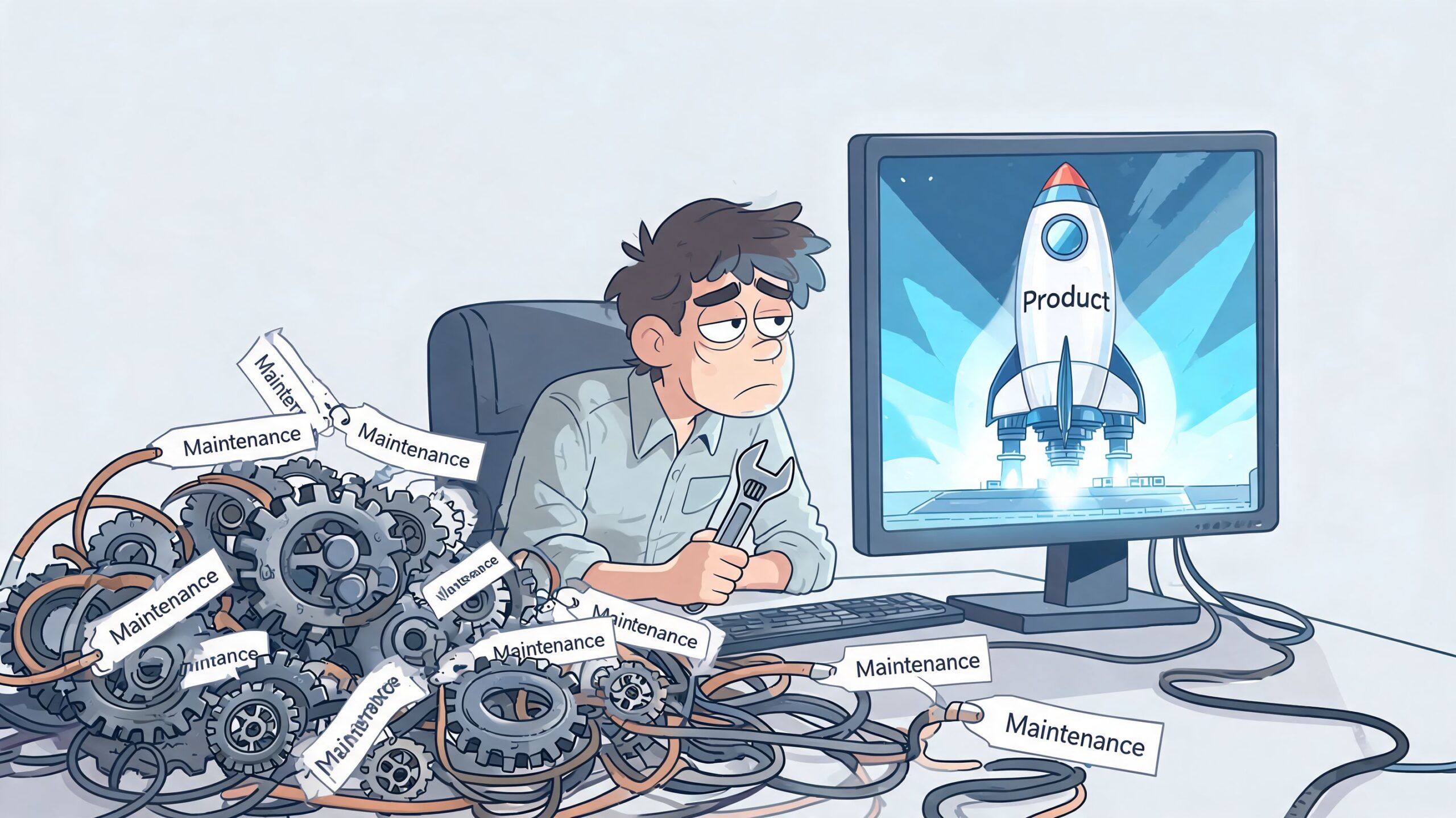 A tired worker holding a wrench, surrounded by gears and maintenance tags, looking at a rocket product launch.