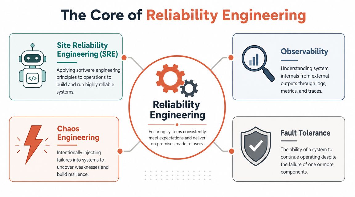 A diagram illustrating the core components of reliability engineering including SRE, observability, chaos engineering, and fault tolerance.