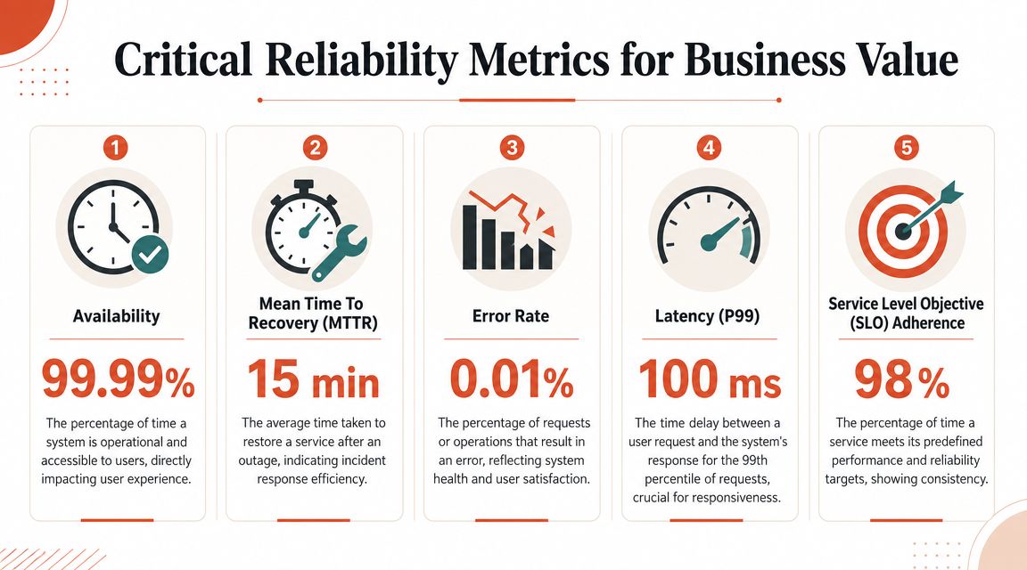 An infographic showing five critical reliability metrics for business value including availability, recovery time, error rate, latency, and SLO.