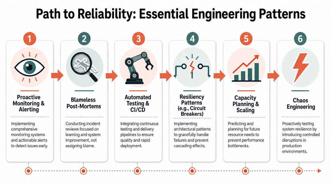 A six-step infographic illustrating essential engineering patterns for improving system reliability through proactive strategies and processes.