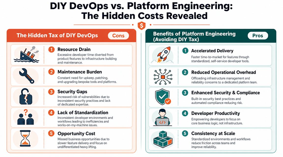 A comparison chart showing the hidden costs of DIY DevOps versus the benefits of Platform Engineering.