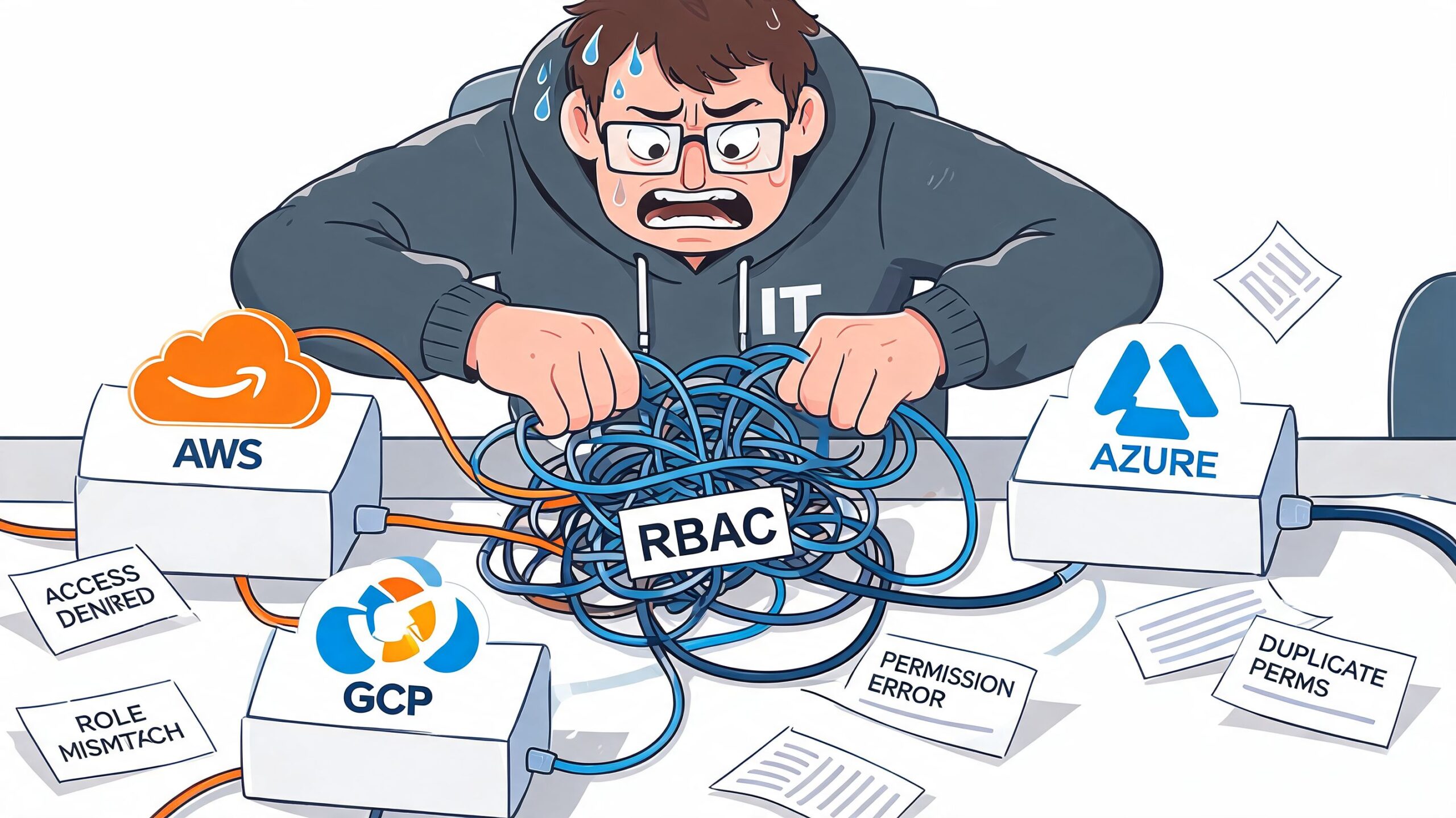 A stressed IT professional struggling with a tangled mess of cables representing complex role based access control configurations.