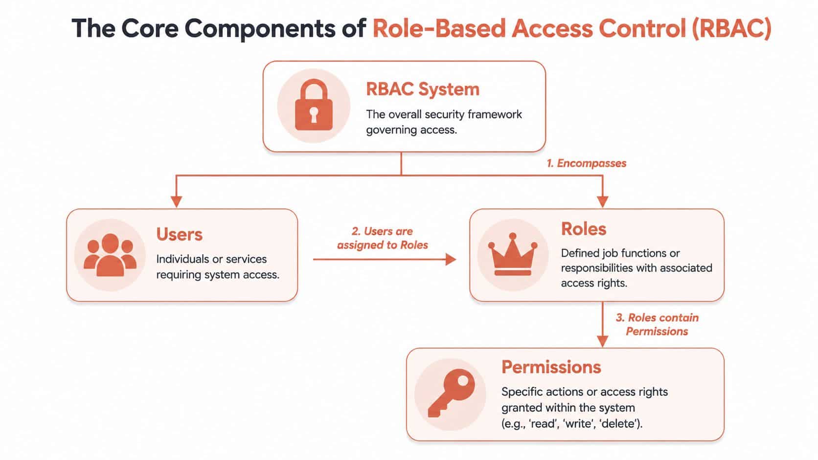 A diagram illustrating the core components of Role-Based Access Control, showing relationships between users, roles, and permissions.