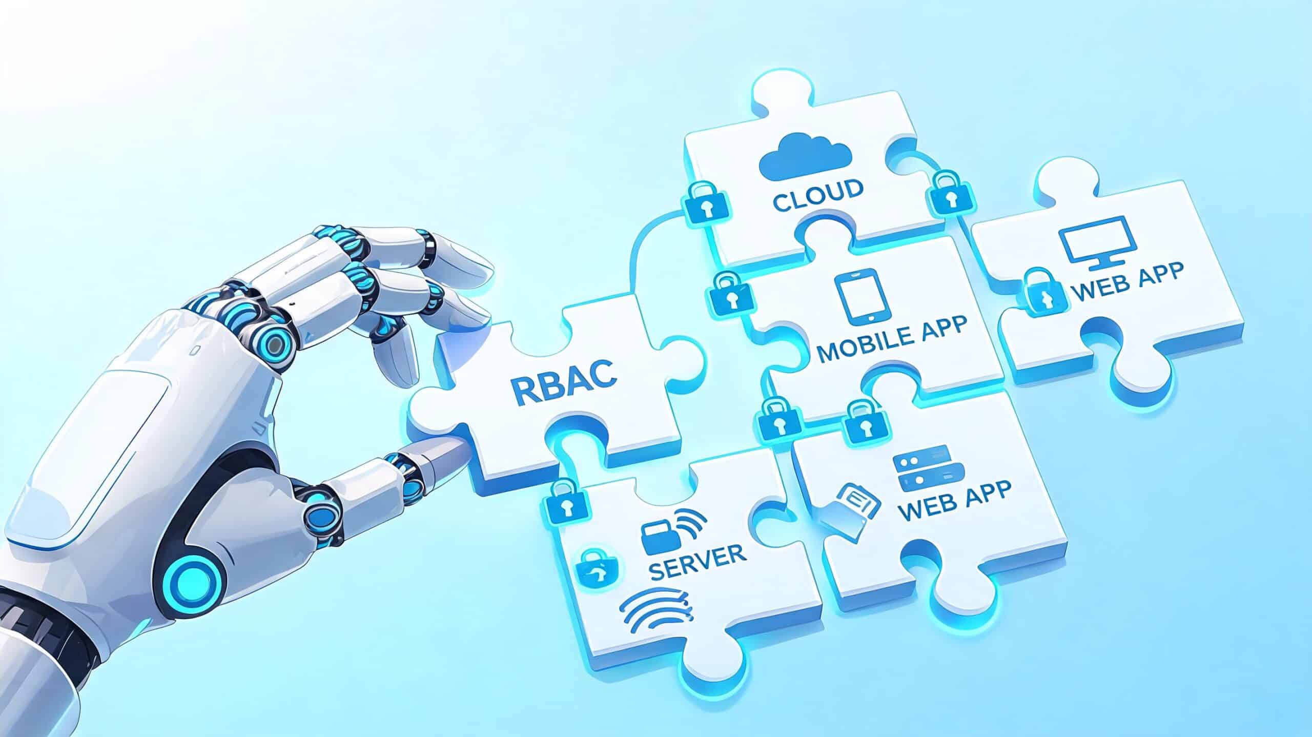 A robotic hand connecting a puzzle piece labeled RBAC to a network of digital security components.