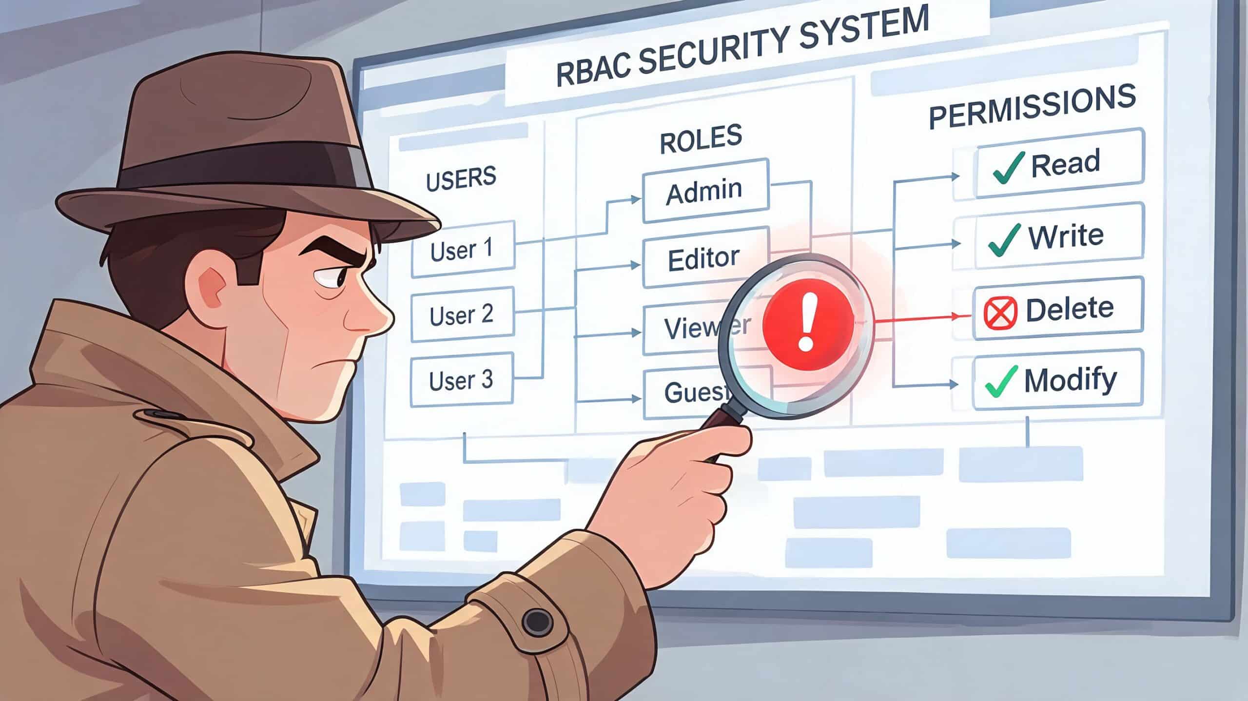 An investigator in a trench coat and fedora examines an RBAC security system diagram with a magnifying glass.