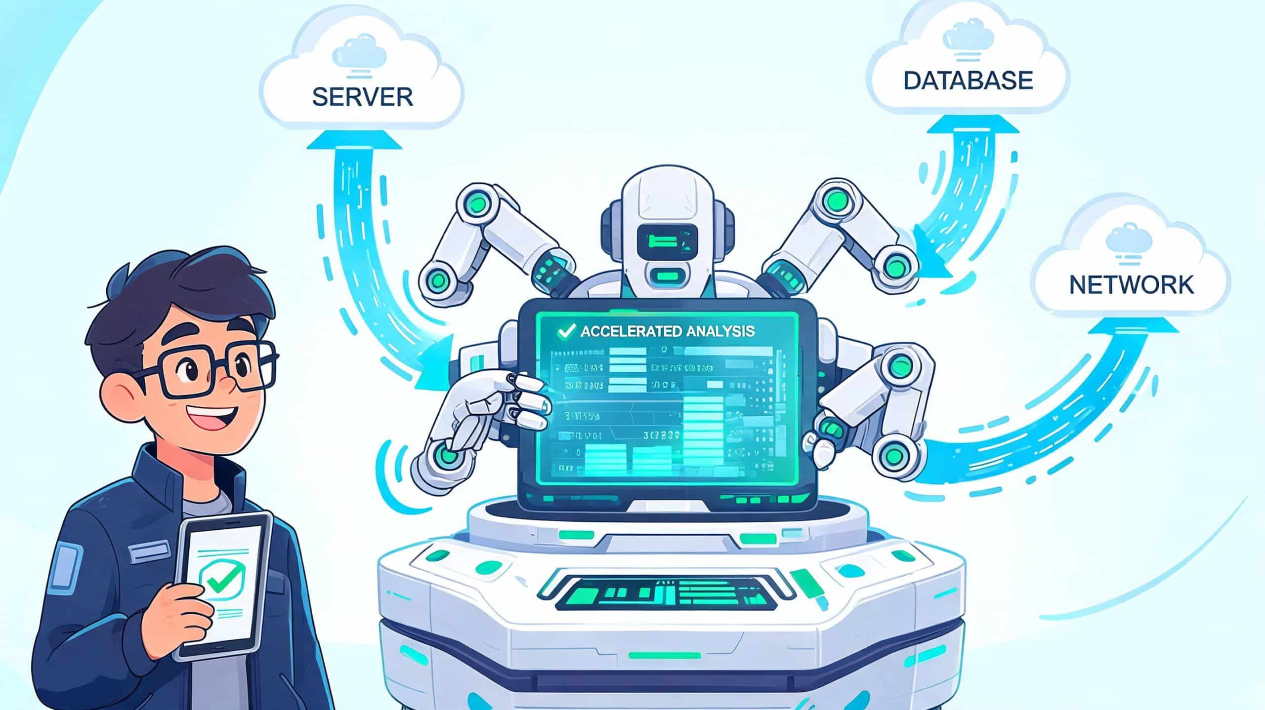 A cartoon man using a tablet with a robot analyzing data for server, database, and network systems.