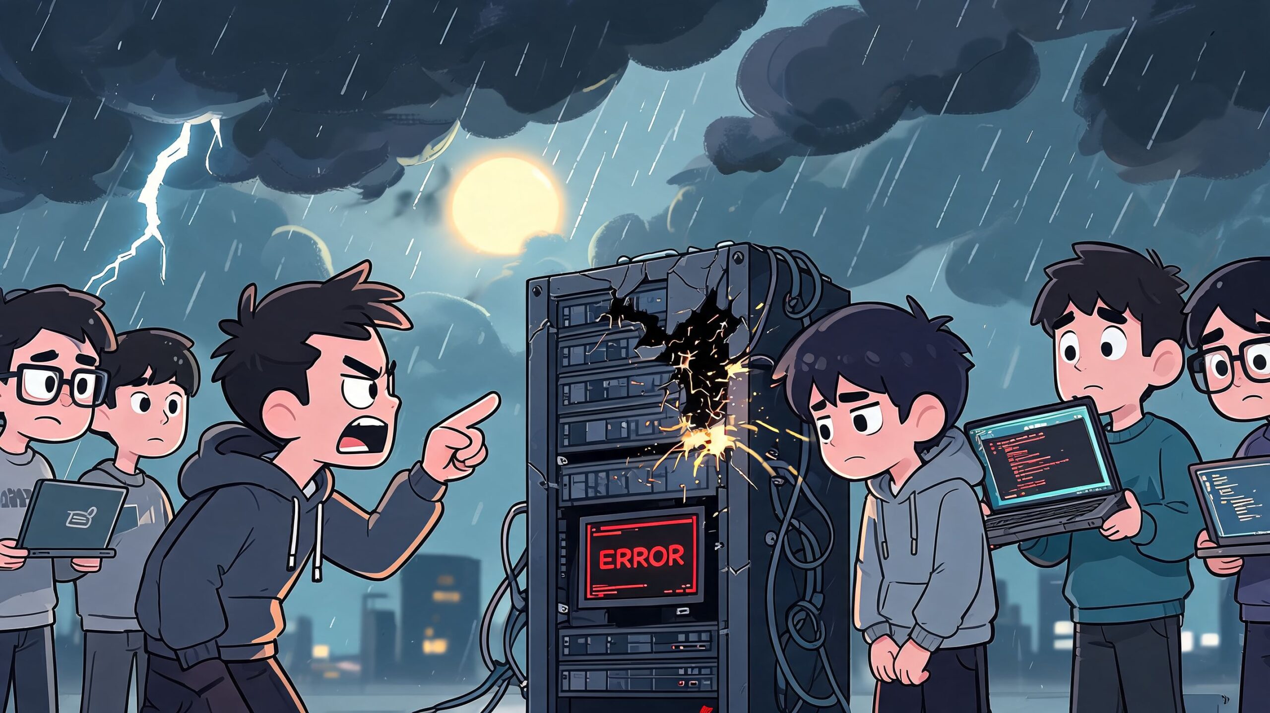 A group of software engineers in a rainy environment looking at a damaged, sparking server rack.
