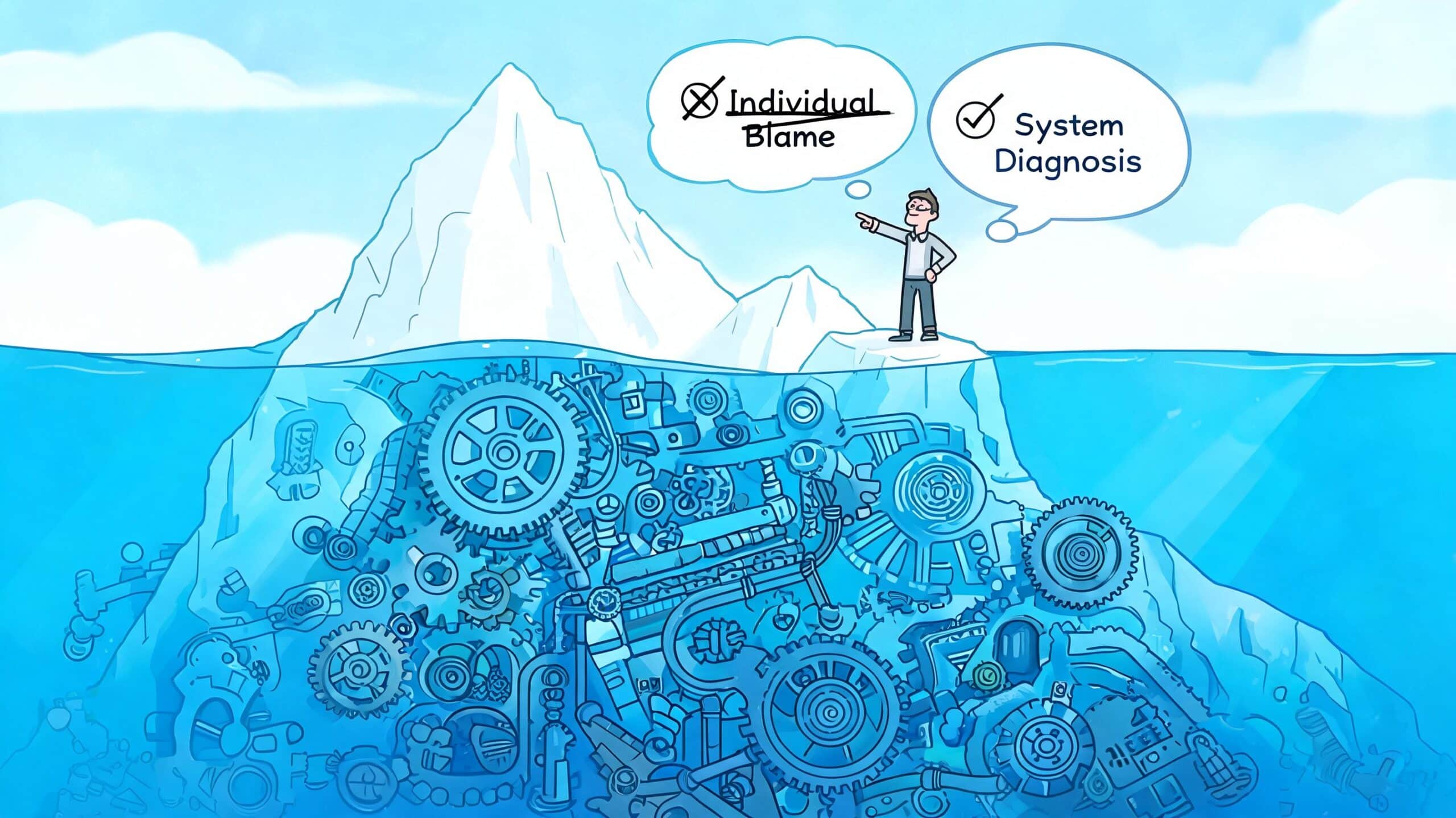 A person standing on an iceberg with gears submerged below representing system-based root cause analysis thinking.