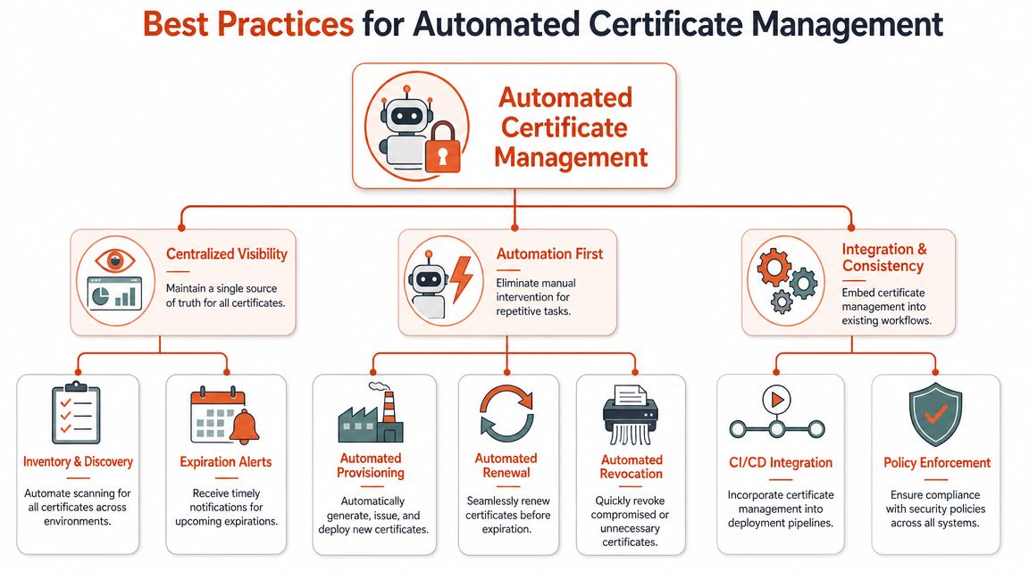 A flowchart showing best practices for automated certificate management, including visibility, automation, and integration strategies.