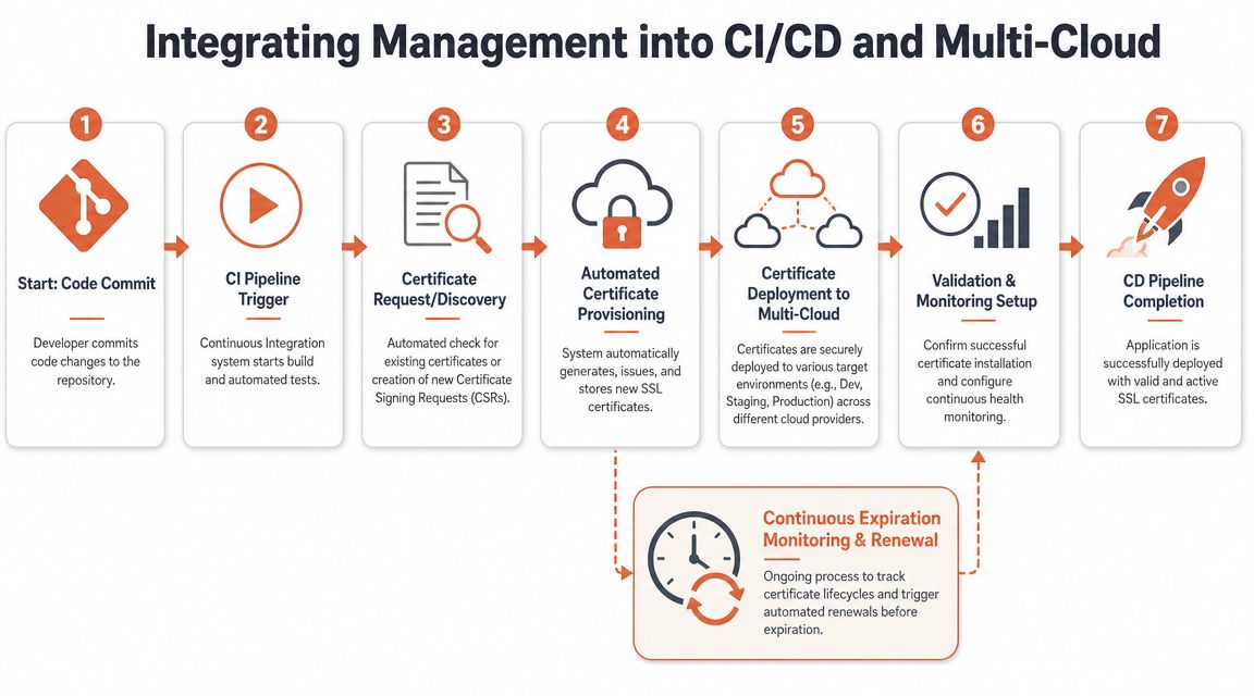 A seven-step workflow diagram illustrating the integration of automated SSL certificate management into CI/CD and multi-cloud pipelines.