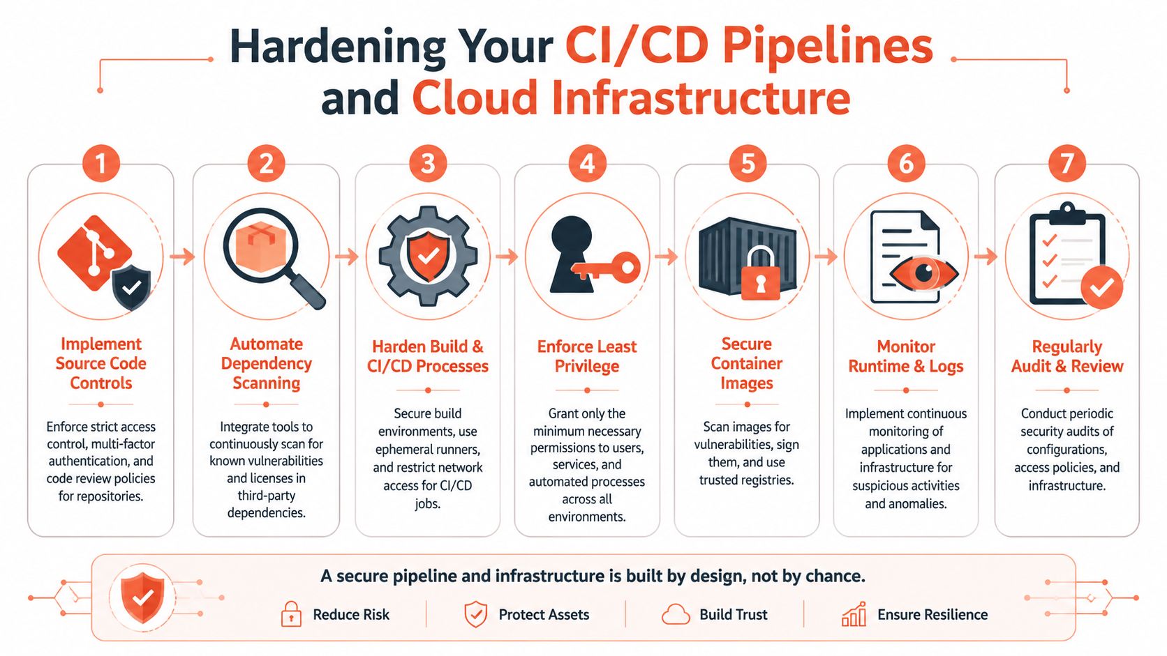 A 7-step guide for hardening CI/CD pipelines and cloud infrastructure to ensure supply chain security.