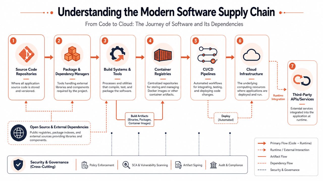 A diagram illustrating the seven stages of the modern software supply chain from code to cloud infrastructure.