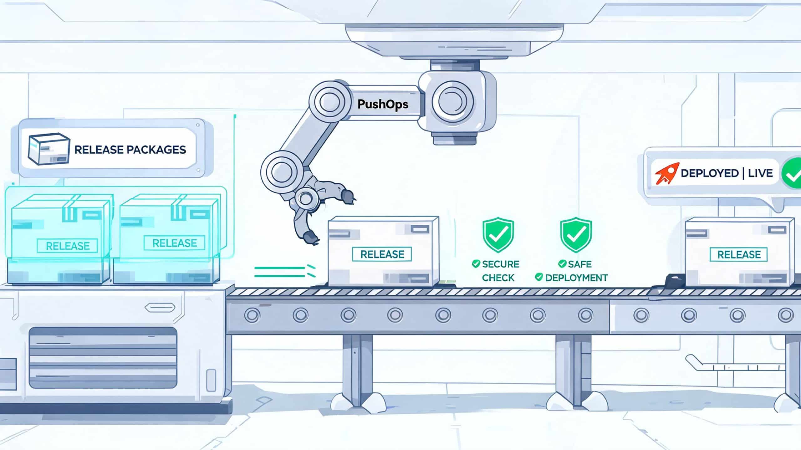 A robotic arm labeled PushOps automating the release, secure checking, and deployment of software packages on a conveyor.