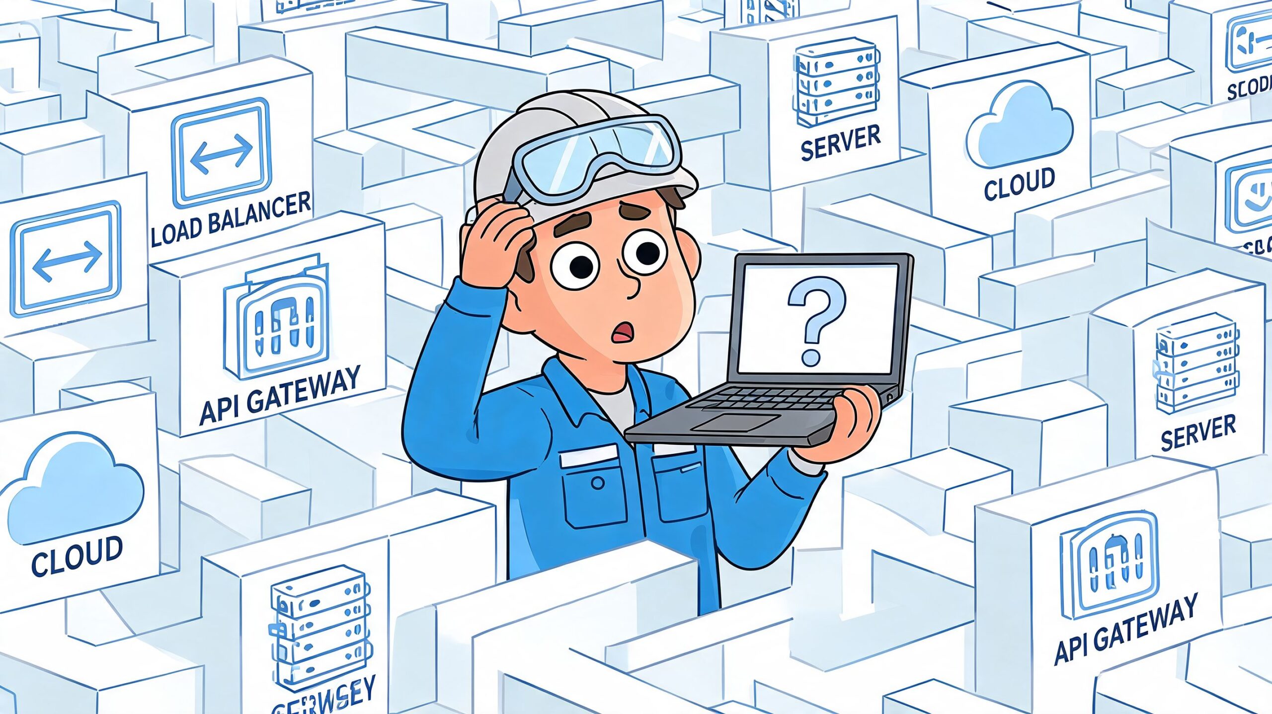 A confused IT engineer looking at a laptop inside a complex labyrinth of server infrastructure icons.