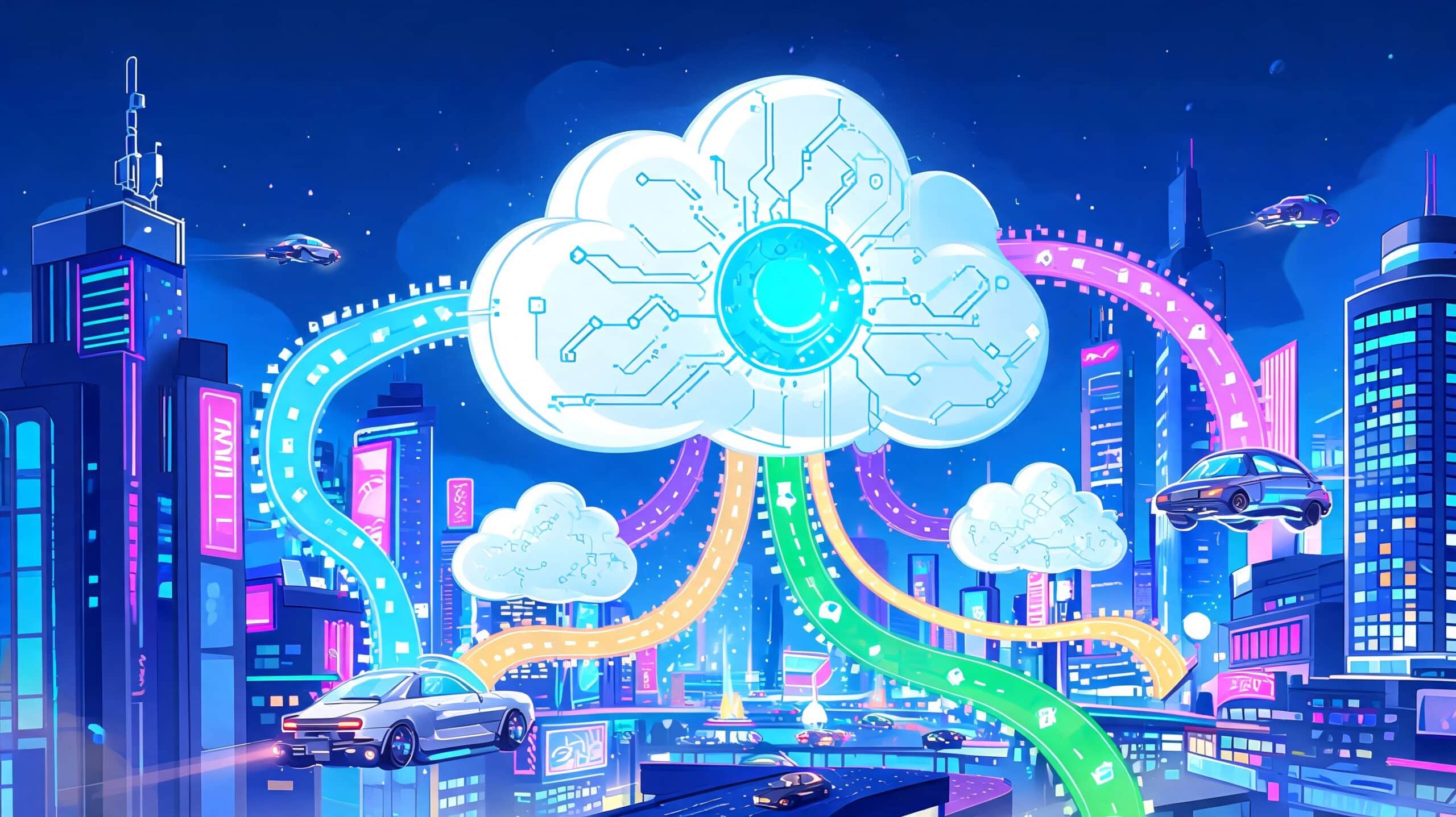 A futuristic digital city featuring flying cars connected to a central cloud computing network with vibrant neon lights.