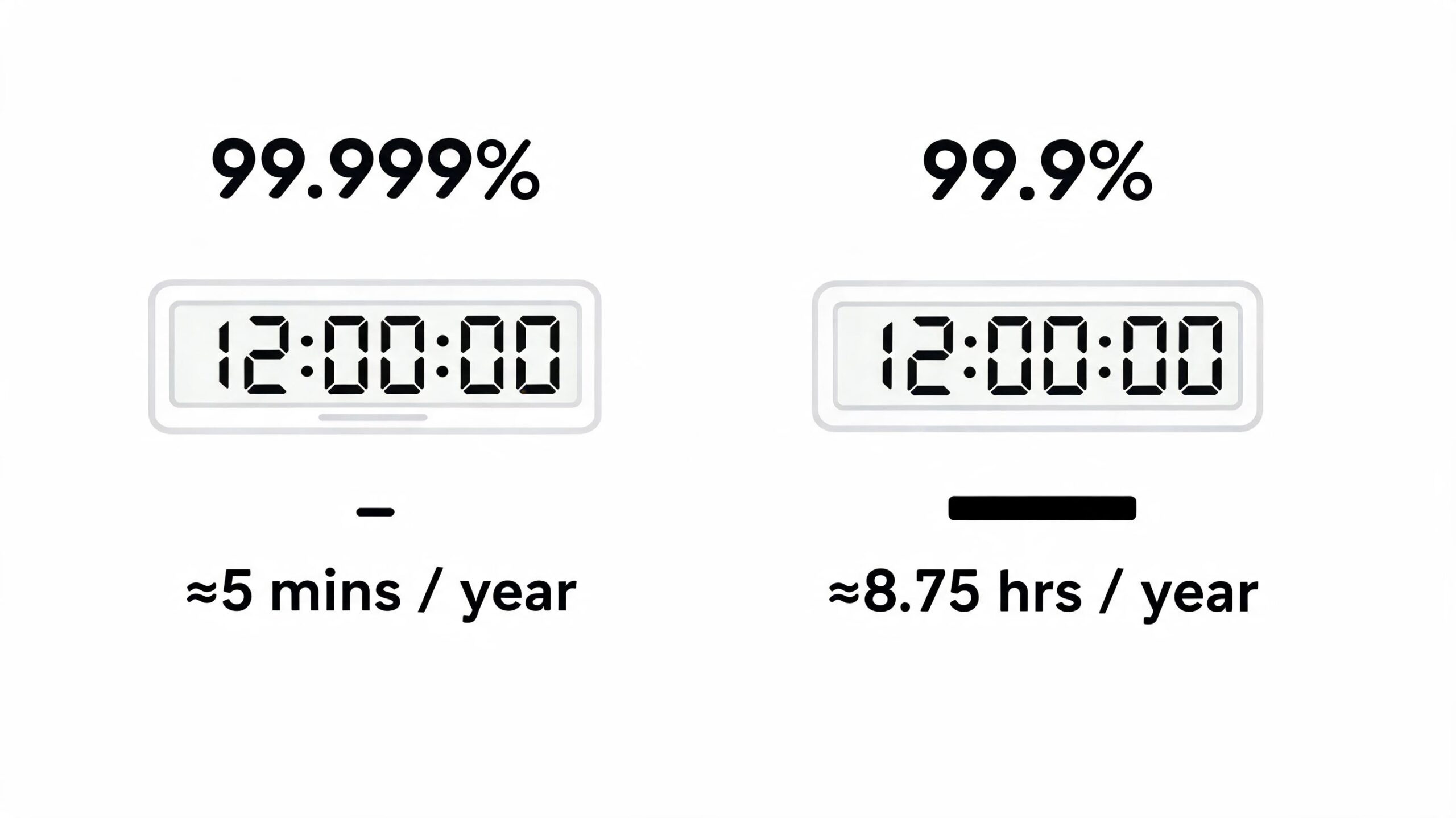 A comparison showing that 99.999% uptime results in 5 minutes of downtime compared to 8.75 hours for 99.9%.