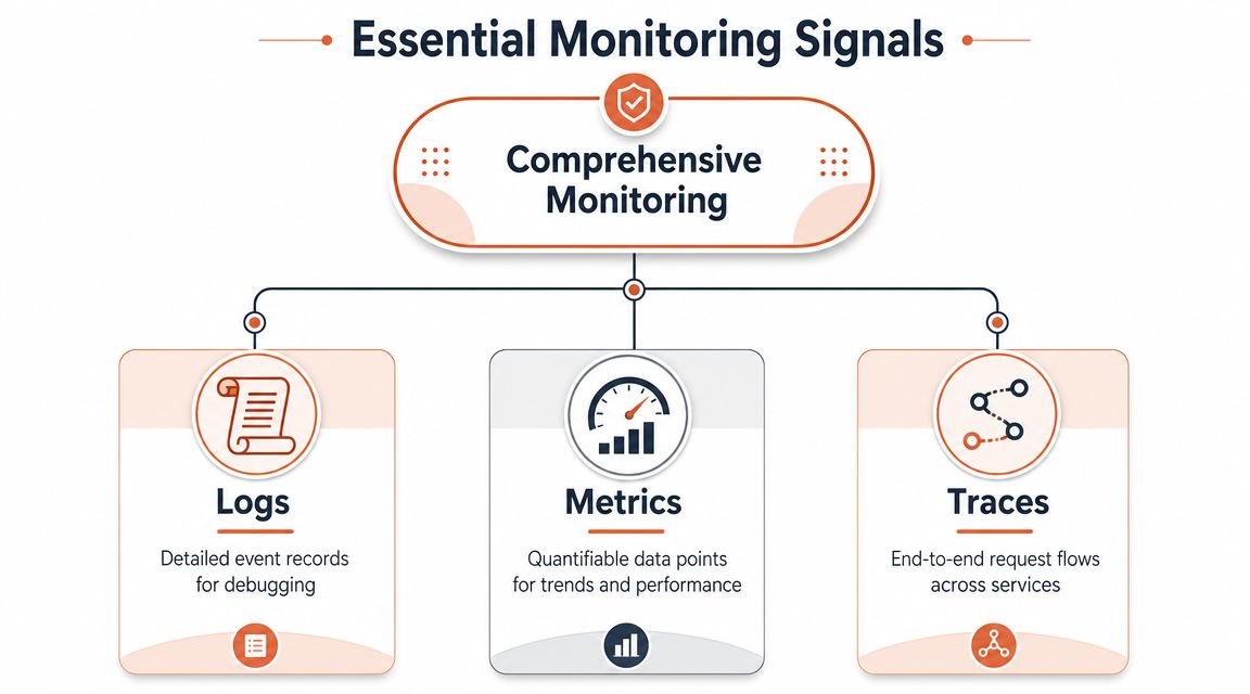 A diagram illustrating the three pillars of comprehensive monitoring: logs, metrics, and traces for system analysis.