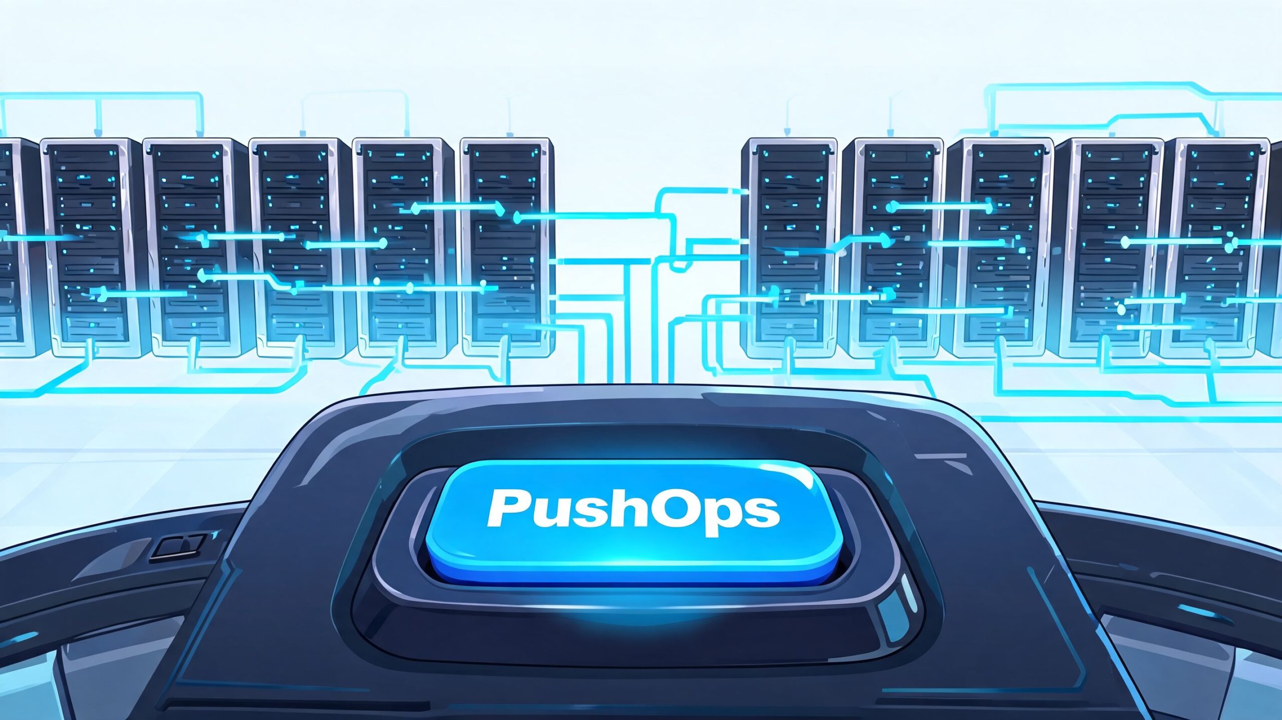 A conceptual illustration of a digital server room with a prominent blue PushOps activation button in foreground.