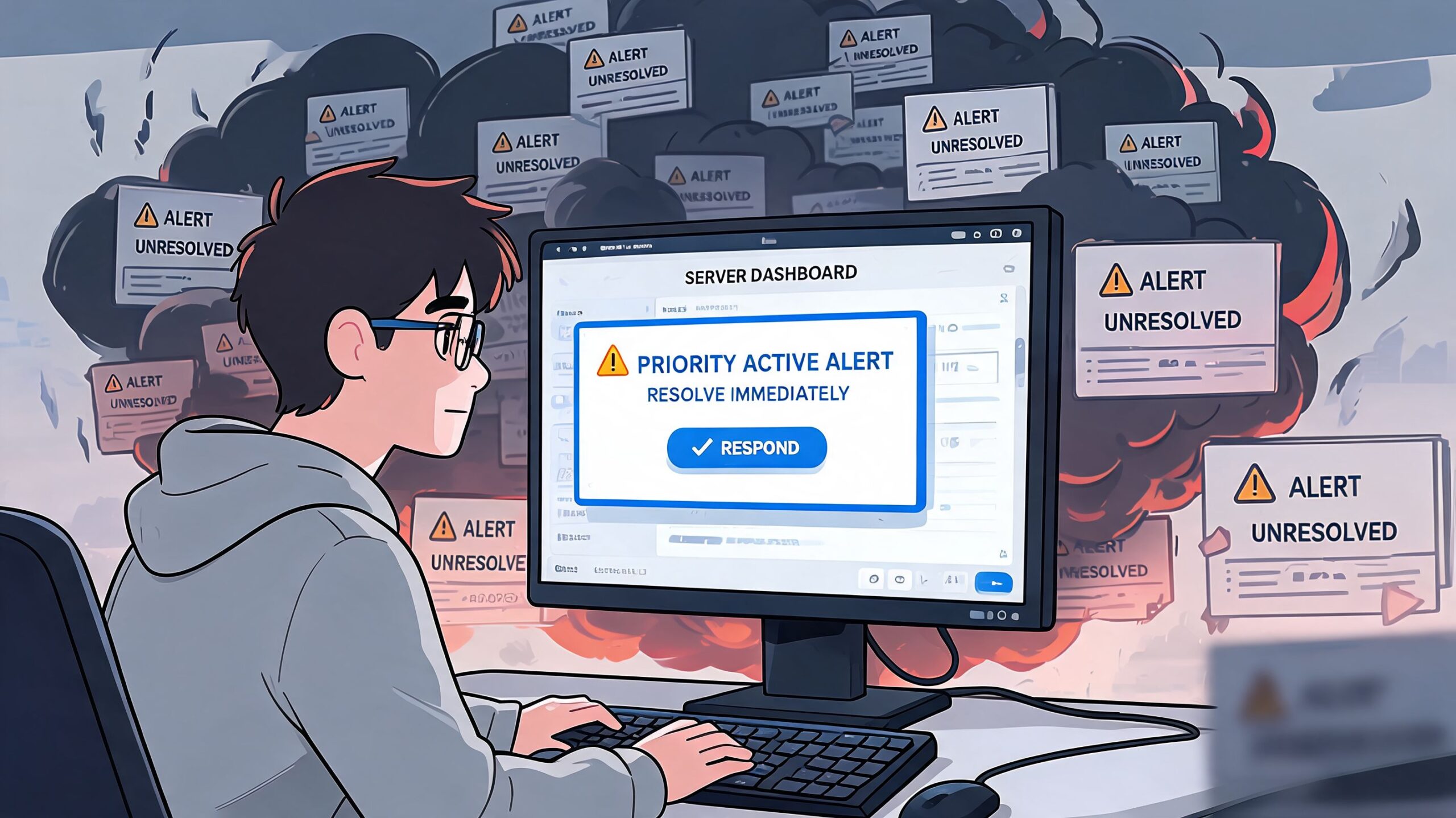 An illustration of a developer looking overwhelmed while monitoring numerous unresolved system alerts on their computer screen.