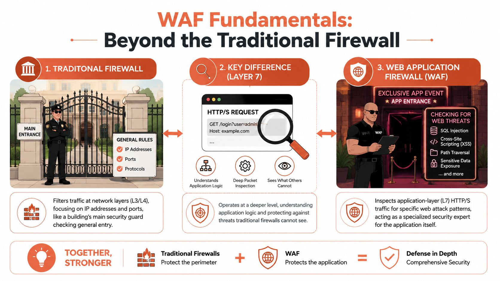 An infographic explaining the differences and combined benefits of traditional network firewalls and web application firewalls.