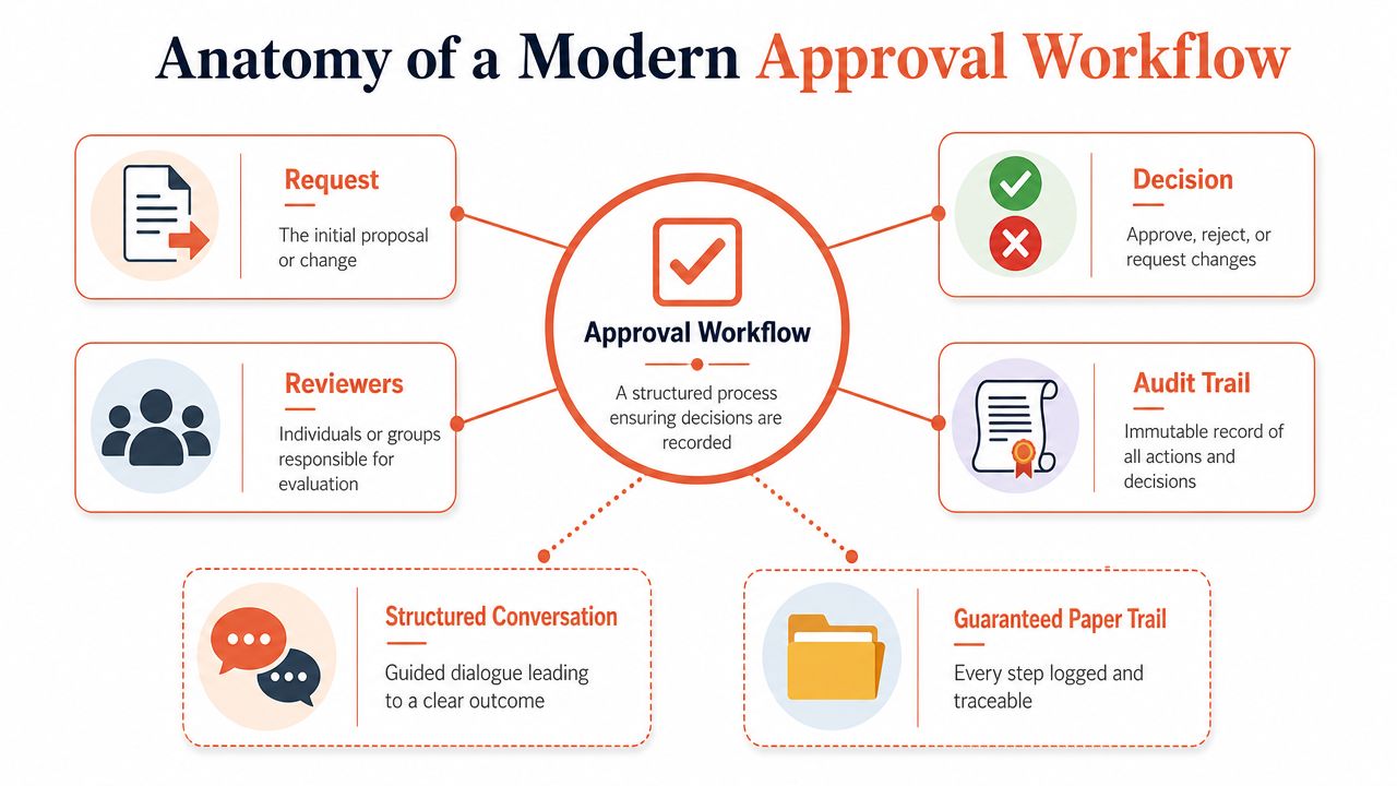 A diagram illustrating the anatomy of a modern approval workflow with six key components and descriptions.