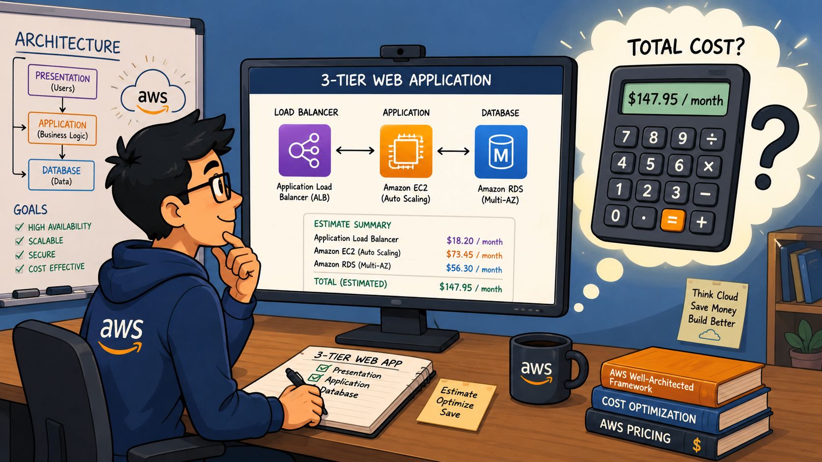 A person analyzing AWS 3-tier web application costs with an estimate summary on a computer monitor.