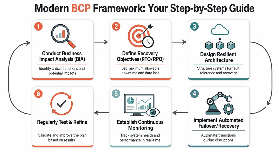 A six-step infographic guide for a modern business continuity planning framework showing the full process.