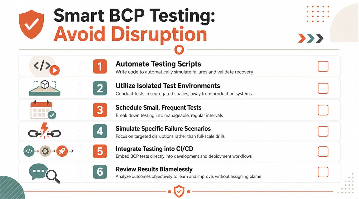 A six-step infographic outlining strategies for conducting smart business continuity planning testing to avoid operational disruption.