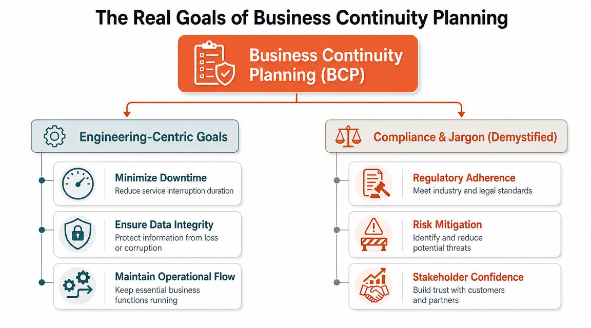 A diagram illustrating the dual focus of business continuity planning including engineering-centric goals and regulatory compliance.