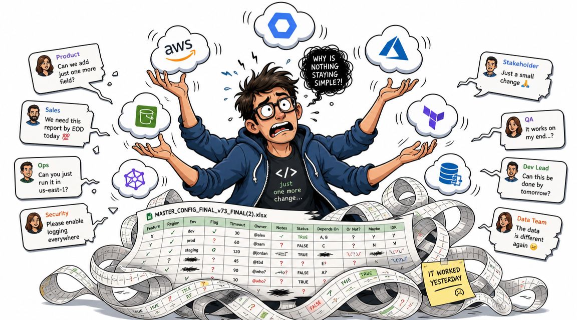 A stressed developer juggling multiple clouds and chaotic spreadsheets representing the challenges of complex software change management.