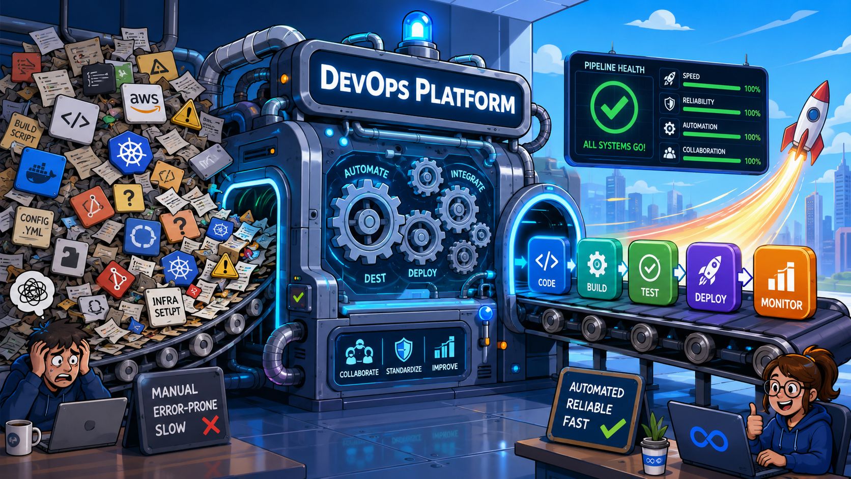 A digital illustration comparing chaotic manual work versus an efficient, automated DevOps platform pipeline process.