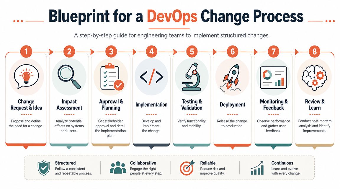 An infographic illustrating an eight-step DevOps change management process for engineering teams to implement structured changes.