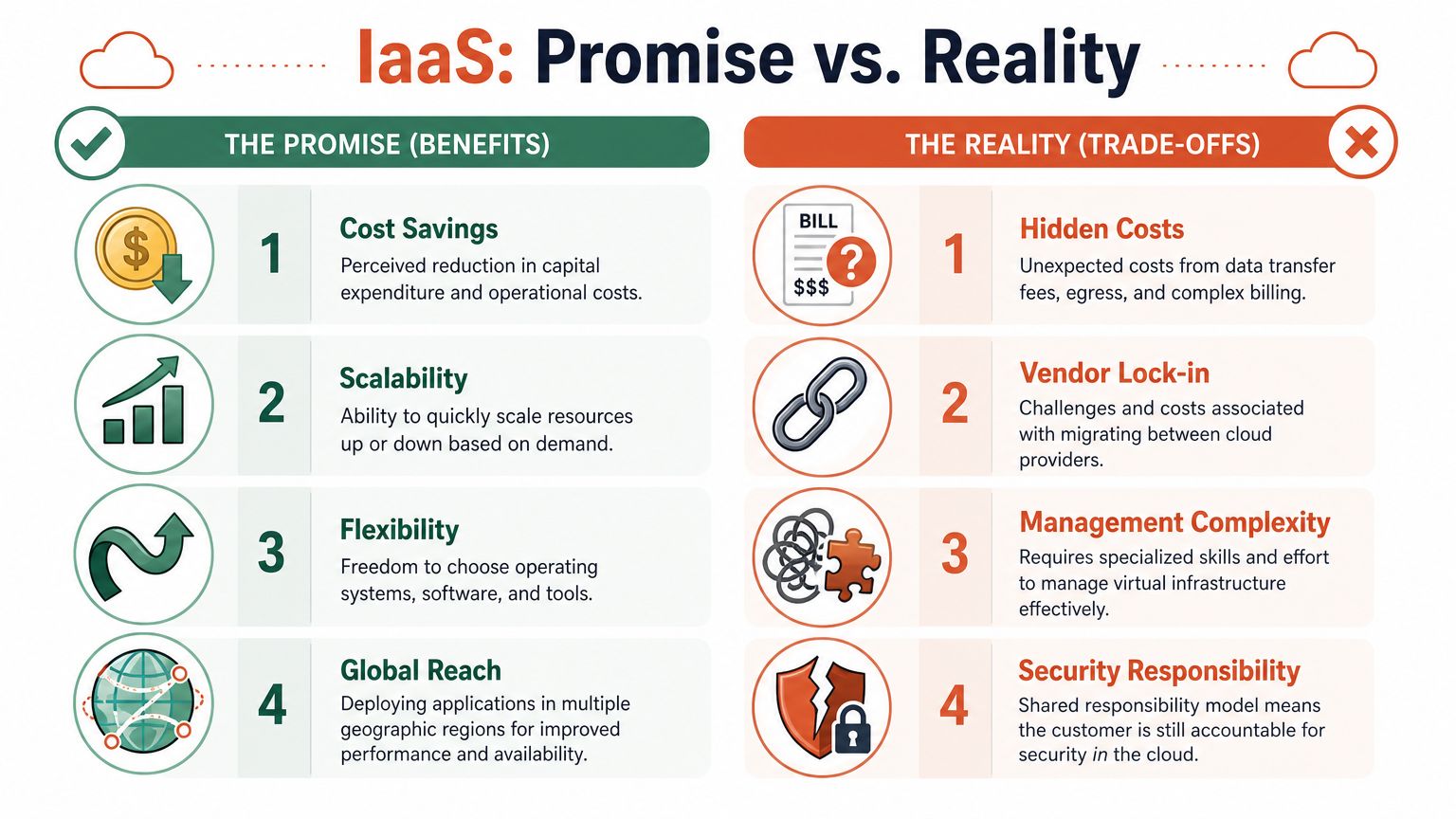 A comparison infographic showing the benefits of IaaS on the left versus the trade-offs on the right.