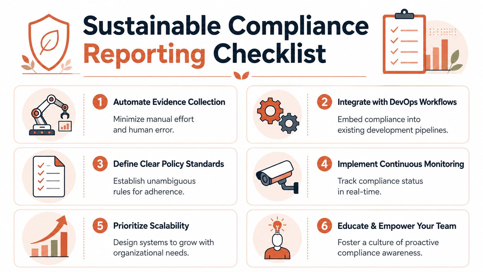 A six-step infographic guide titled Sustainable Compliance Reporting Checklist showing essential strategies for effective compliance management processes.
