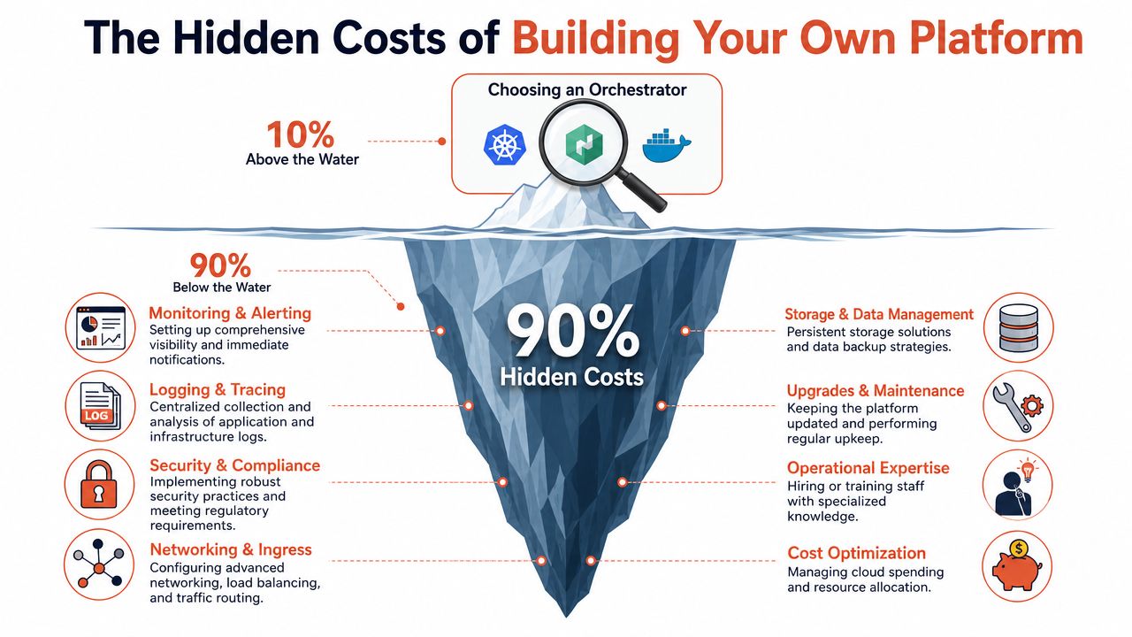 An iceberg infographic illustrating that 90% of the costs of building a platform are hidden below the surface.