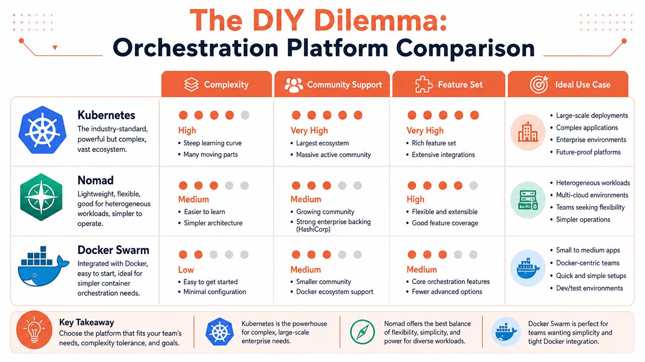 A comparison chart outlining the key differences between Kubernetes, Nomad, and Docker Swarm orchestration platforms.