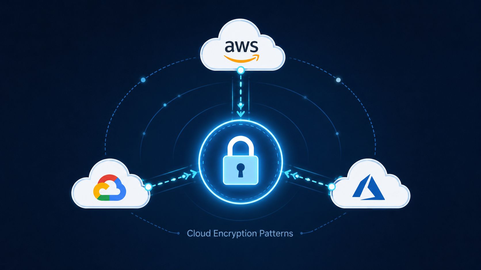 A digital illustration showing the logos of AWS, Google Cloud, and Azure connecting to a central security lock.