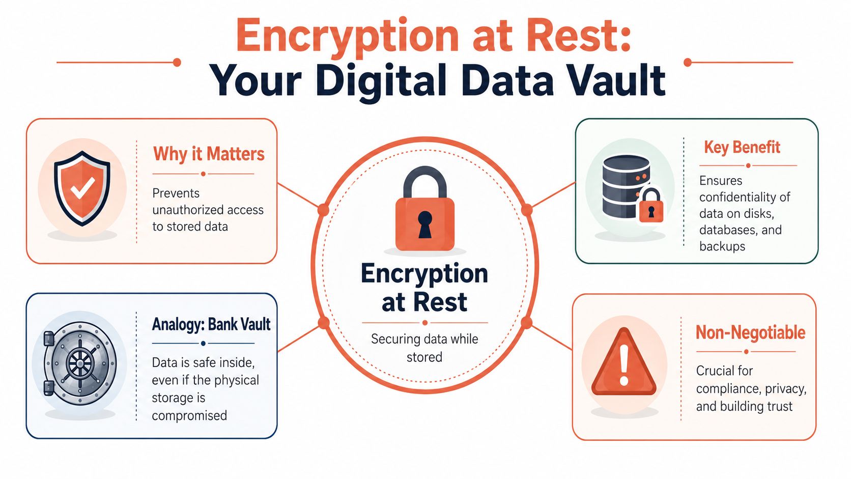 An infographic explaining the importance and benefits of encryption at rest for securing stored digital data.