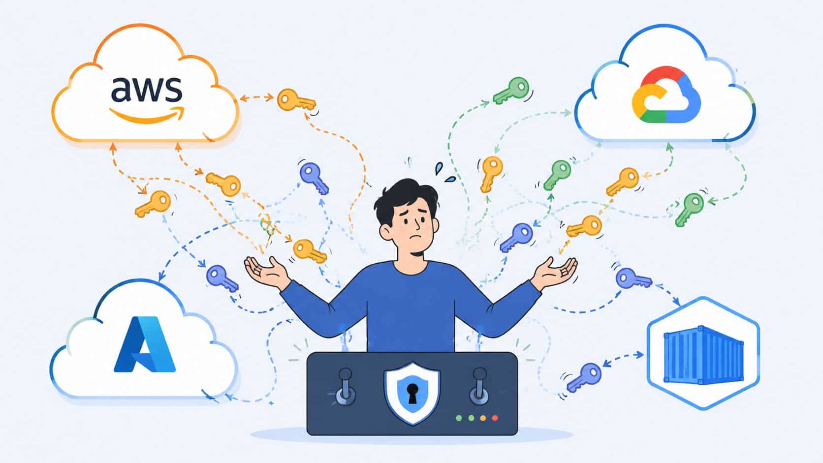 A confused IT professional managing multiple digital security keys across various cloud computing platforms and infrastructure