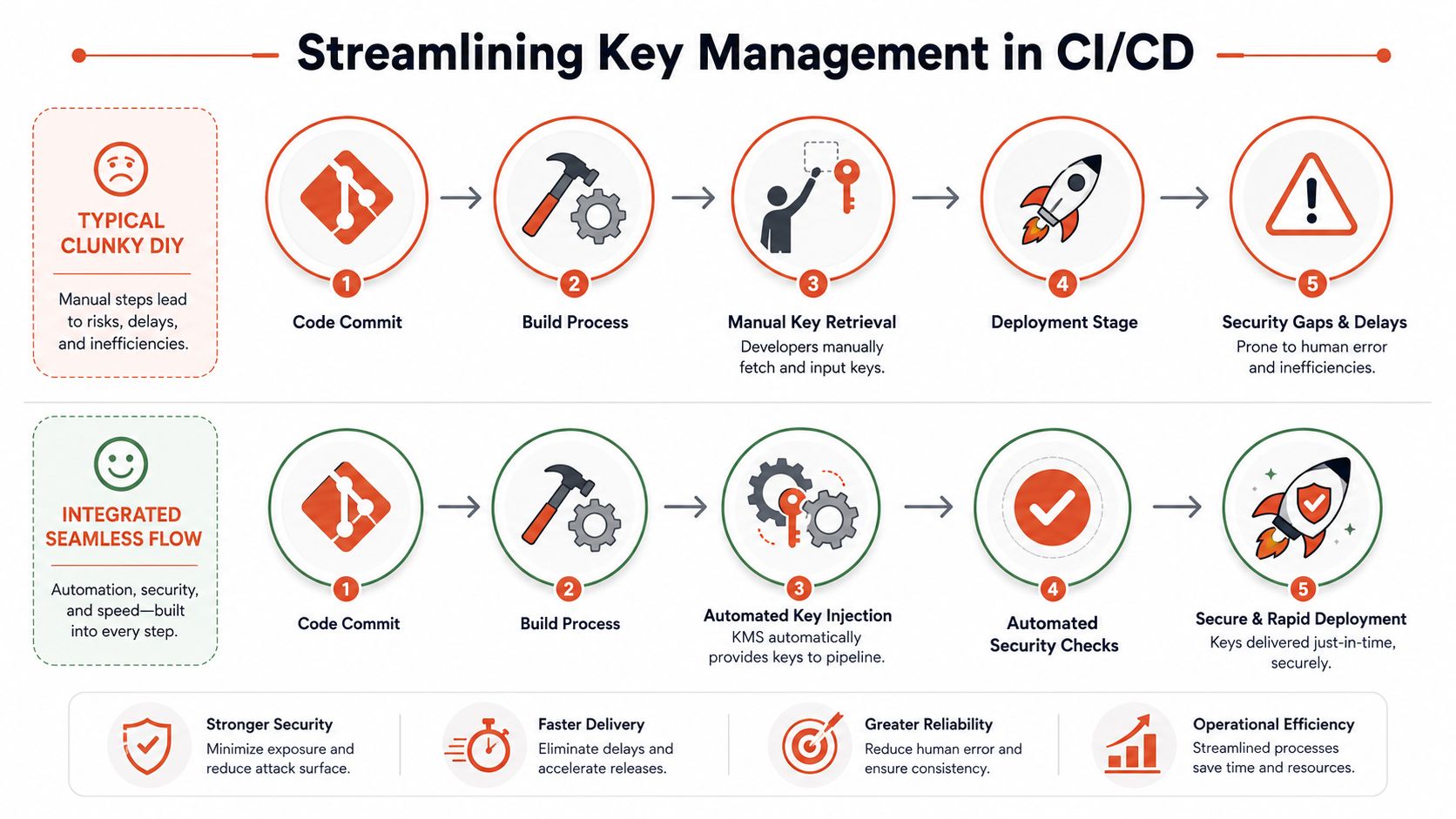 A diagram comparing manual, inefficient key management to an automated, secure CI/CD pipeline workflow for developers.