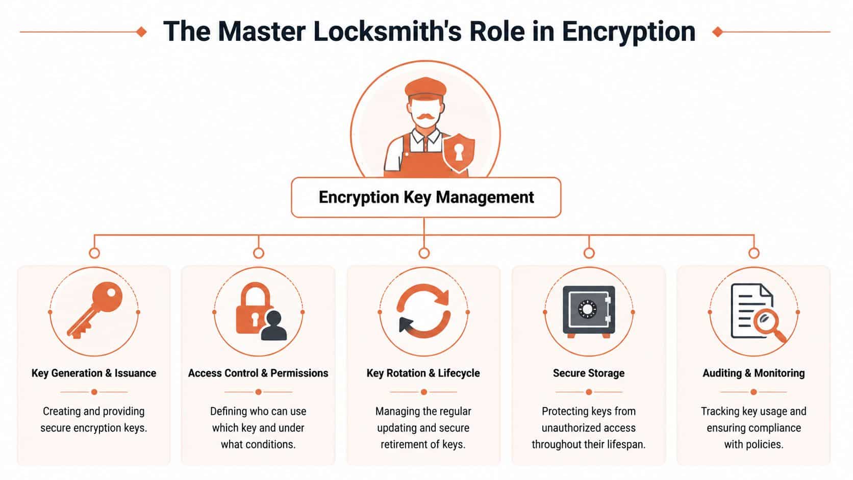 A diagram illustrating the master locksmith's role in the lifecycle of professional encryption key management processes.