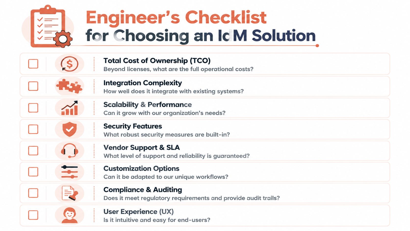 An engineer's checklist for choosing an identity management solution, including factors like cost, security, and scalability.