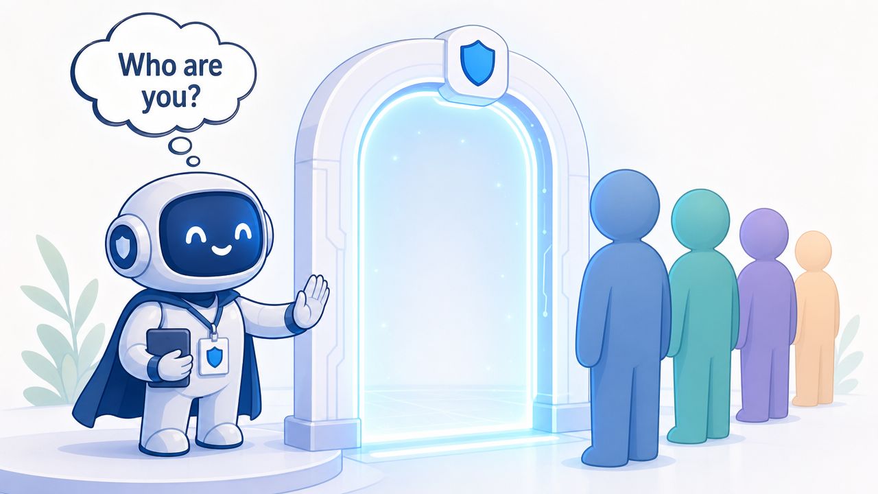 A friendly robot guard checking the identity of people waiting in line to enter a digital portal.