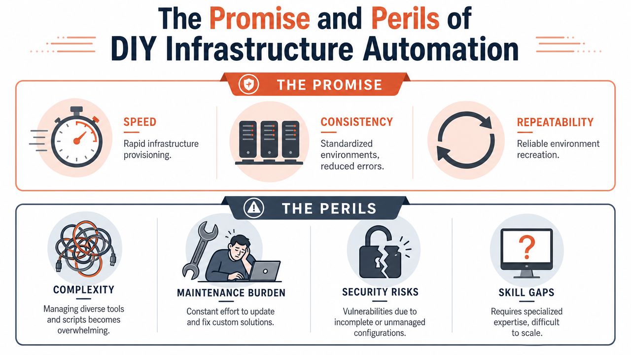 An infographic titled The Promise and Perils of DIY Infrastructure Automation, comparing the benefits and challenges of automation.