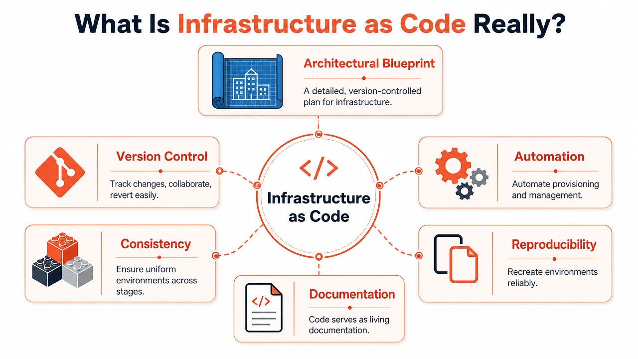 A diagram illustrating the core benefits and concepts of infrastructure as code in a software development context.