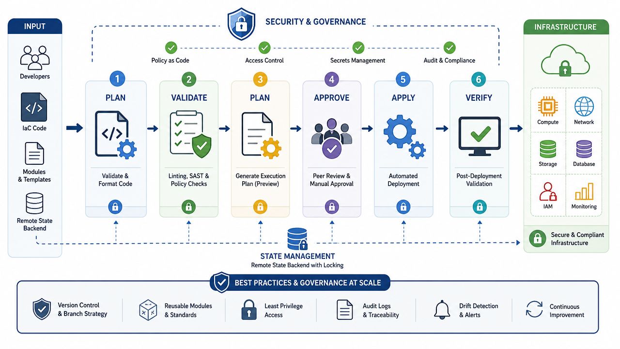 A diagram illustrating a secure six-step Infrastructure as Code workflow from planning to deployment and verification.