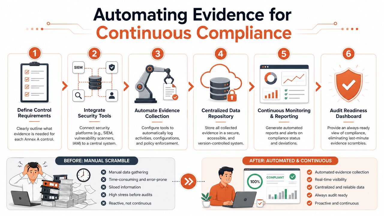 A six-step infographic showing the transition from manual compliance processes to automated continuous compliance and audit readiness.