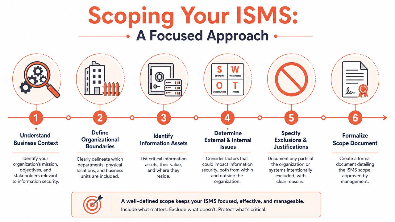 An infographic illustrating six key steps to define the scope of an Information Security Management System (ISMS).